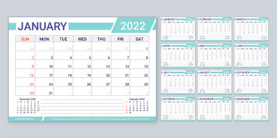 2022年的日历。计划模板。矢量插图。每月日记布局。