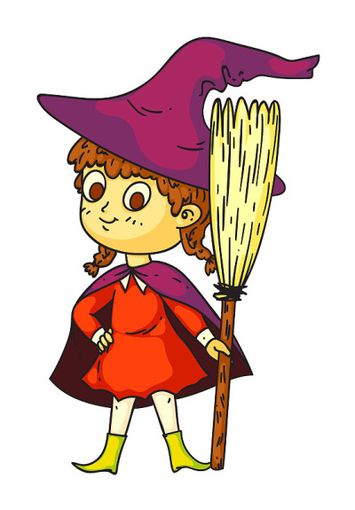 Pretty Halloween little witch with broom on white