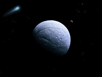 在太空中有陨石坑、彗星和小行星的白色石头行星。