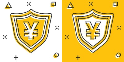 矢量卡通日元、元盾币漫画风格的货币图标。日元硬币保护概念插图象形图。亚洲资金业务的飞溅效应概念。