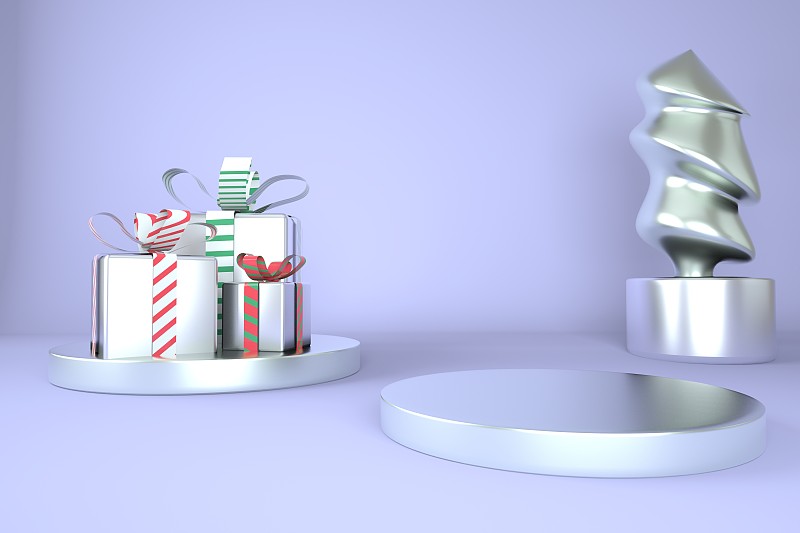 圣诞背景与圣诞树和舞台的产品展示。3 d渲染。