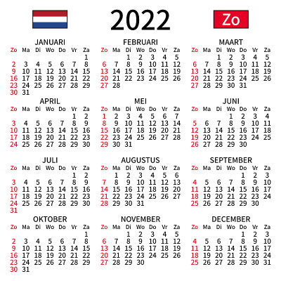 荷兰日历，2022年，周日