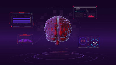 3D未来的大脑界面与HUD和信息图表元素。虚拟技术背景。科学。生物学。人类。图表。