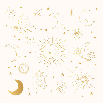 手绘金色空间涂鸦。星星，半月，星爆。金天设计集。