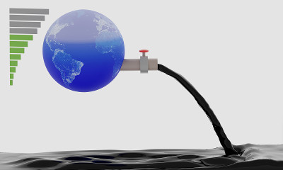 地球日和拯救世界的概念。当大量使用原油时，地球能量低下，濒临死亡。白色背景上的原油管道和功率计。3 