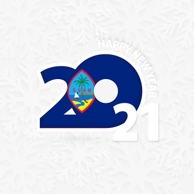 以雪花为背景的关岛2021年新年快乐。