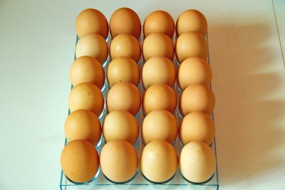 很多鸡蛋排成一排，透视视图
