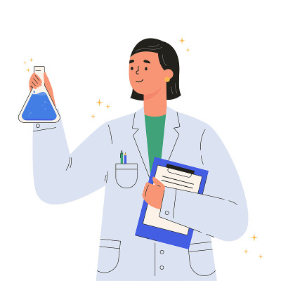 科学家医生穿着医疗袍拿着烧瓶