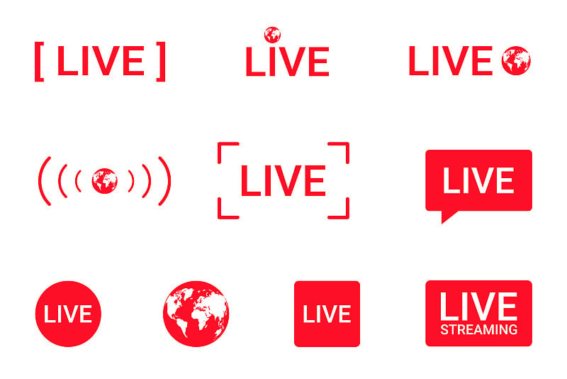 一组直播流媒体图标。直播、直播、在线直播的红色符号和按钮。较低的第三个模板为电视，节目，电影和现场表