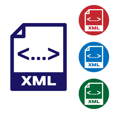 蓝色的XML文件文档图标。下载xml按钮图标隔离在白色背景。XML文件的象征。设置圆形按钮中的颜色图