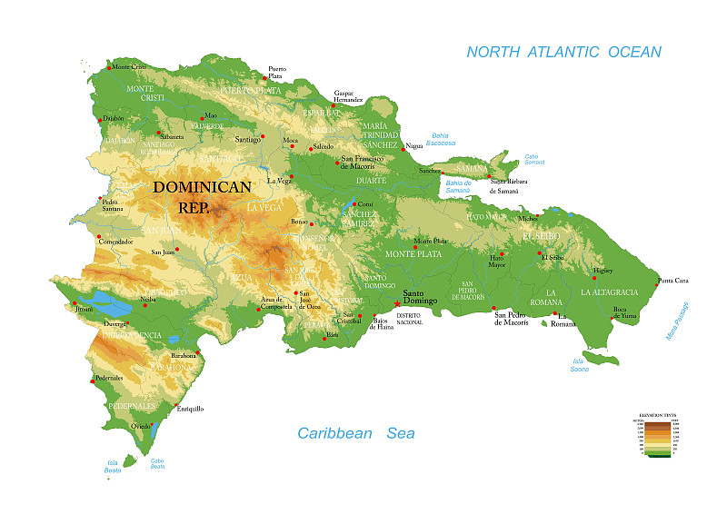 多米尼加共和国-高度详细的物理地图