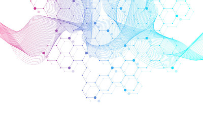 医学、科学、技术、化学的科学分子背景。带有DNA分子的科学模板墙纸或横幅。动态波流DNA。分子的矢量
