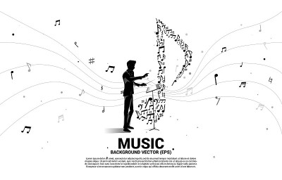 指挥家的矢量剪影与音乐图标形状的关键音符跳舞。