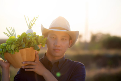 肖像年轻的亚洲男子收获和采摘新鲜的有机蔬菜篮花园在水培农场，农业和种植的健康食品和经营理念。
