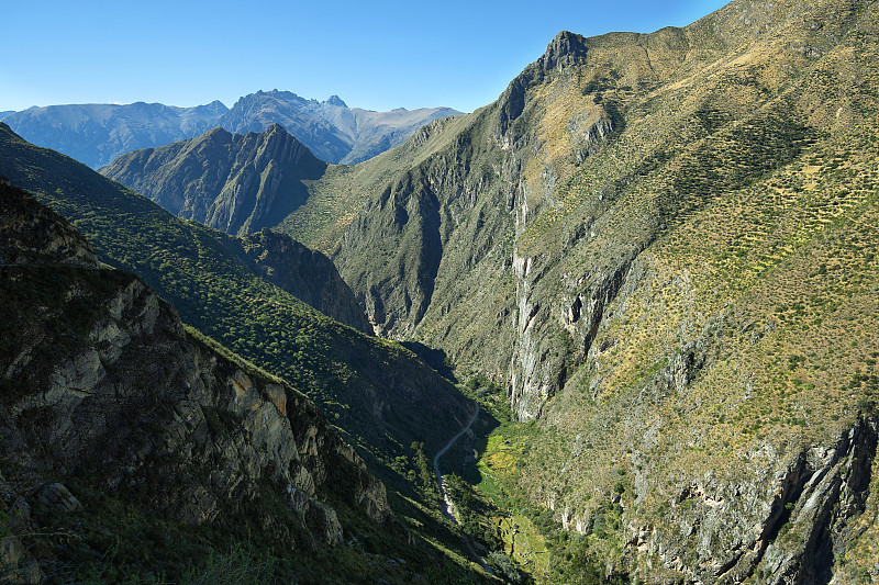 通往秘鲁瓦奎斯古村落的路上有陡峭的山峦