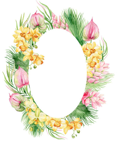 水彩画框架热带水果，花和棕榈叶。