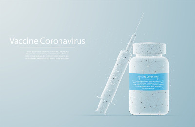 疫苗和注射。COVID-19疫苗。白色低聚和线框设计横幅模板。孤立的矢量图。