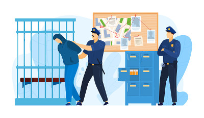 派出所所在地，拘留罪犯的警察工作民兵，重刑犯把监狱隔离在白色，卡通矢量插图。