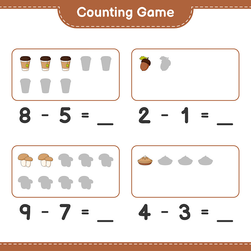数数游戏，数数橡子、茶杯、派、牛腩菇的数量，并写出结果。教育儿童游戏，可打印的工作表，矢量插图