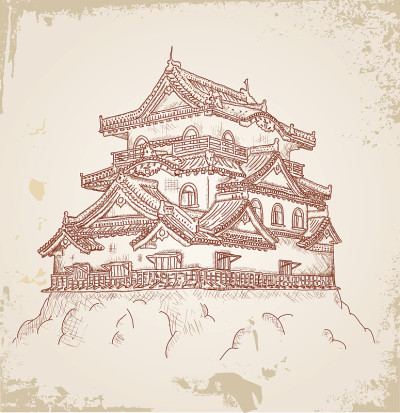 旧纸上的日本城堡素描