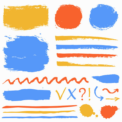 Paint brush strokes, grunge stains and symbols. Ve