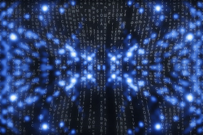 蓝色矩阵数字背景。抽象的网络空间的概念。人物倒了。来自符号流的矩阵。虚拟现实设计。复杂的算法数据黑客