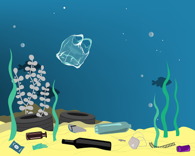 Plastic pollution illustration trash under the sea