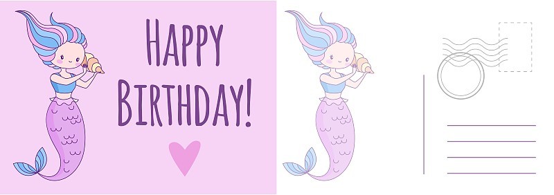 生日快乐的明信片。节日贺卡与美人鱼，水下公主与鱼尾巴信模板与祝贺文本儿童生日派对贺卡矢量卡通插图