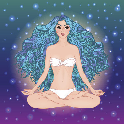 手绘矢量插图的女人坐在莲花瑜伽姿势。冥想