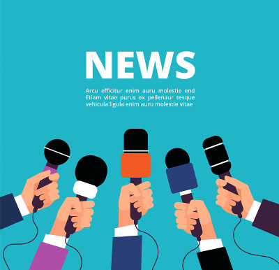 News concept with microphones. Broadcasting, inter