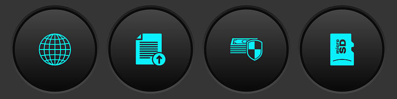 设置地球仪，上传文件，货币保护和Micro SD存储卡图标。向量