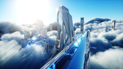 云中的未来科幻城市。乌托邦。未来的概念。客运飞行。空中的观点。3 d渲染。