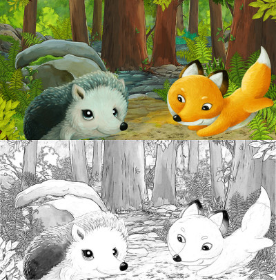卡通场景与素描与友好快乐的动物在森林插图