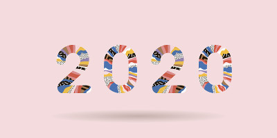 2020新年快乐。贺卡上写着“2020年新年快乐”。孟菲斯几何明亮风格新年快乐或圣诞快乐。假日背景，