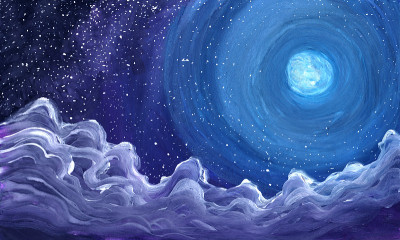 月亮在云彩和星星在夜晚在水粉背景童话故事。