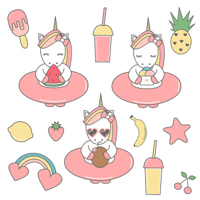 可爱的彩色独角兽夏季集合补丁
