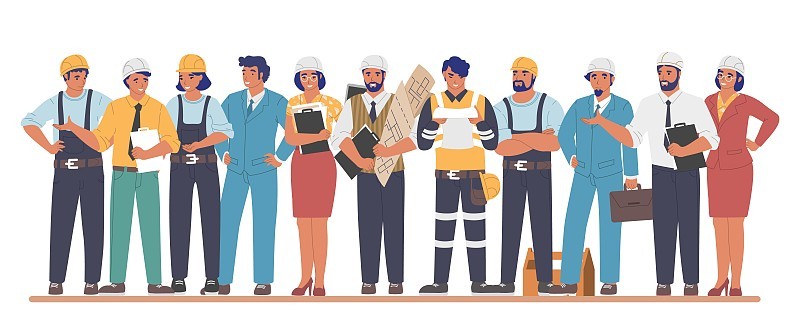 建筑工人和工程师卡通人物，平面矢量插图。建筑行业。
