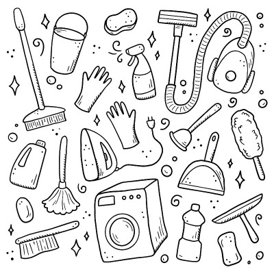 Hand drawn set of cleaning equipments