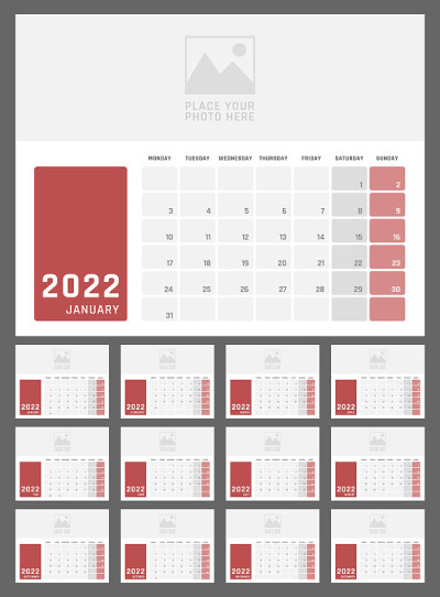 2022年日历，2022年日历设计从周一开始