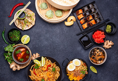 亚洲食品。中国菜、日本菜和泰国菜