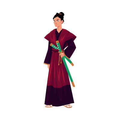 日本武士，武士穿着传统和服和武士刀