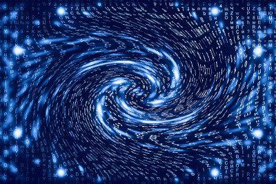 蓝色矩阵数字背景。扭曲的网络空间的概念。人物落入虫洞。入侵矩阵。虚拟现实设计。复杂的算法数据黑客。青