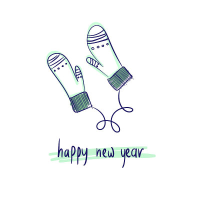 带卡通手套的新年贺卡。