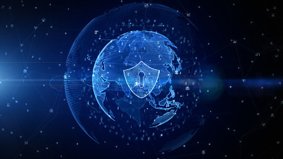 网络安全数字数据盾牌图标，数字数据网络保护，全球网络5g高速互联网连接和大数据分析未来背景概念。3d