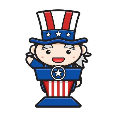 可爱的山姆大叔在讲坛上讲话庆祝美国独立日卡通图标矢量插图。