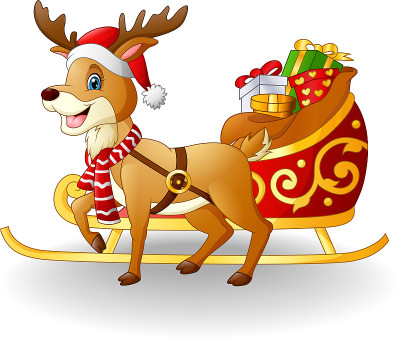 Cartoon reindeer with christmas sled sleigh and pr