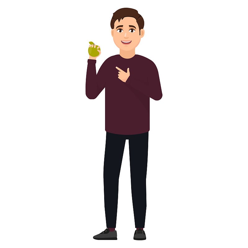 The guy holds a green apple and shows on it a fing