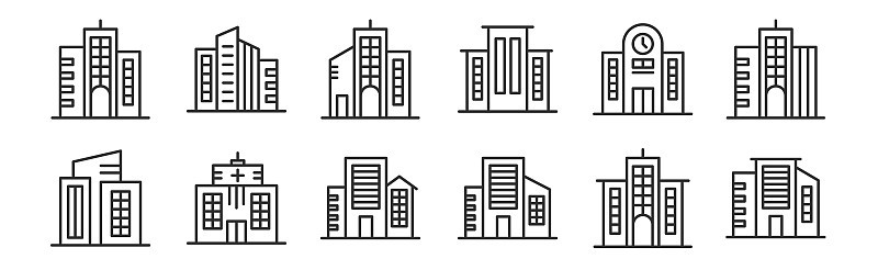 一组12瘦轮廓图标，如建筑，建筑，建筑，网络，移动