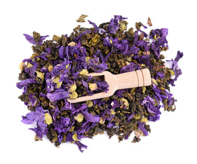 铁观音茶，锦葵花，孤立在白色背景。有机茶。前视图。关闭了。