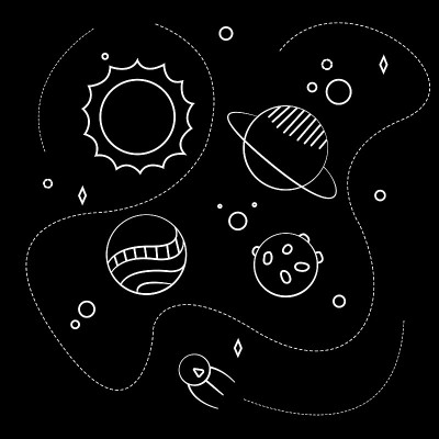 矢量插图与行星，太阳和火箭在深空。空间打印。
